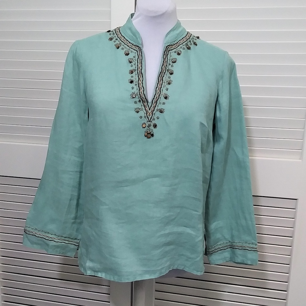 Rafaella Tunic Blouse Sage Green 100% Linen Beading Embroidered Womens 8‎ Petite